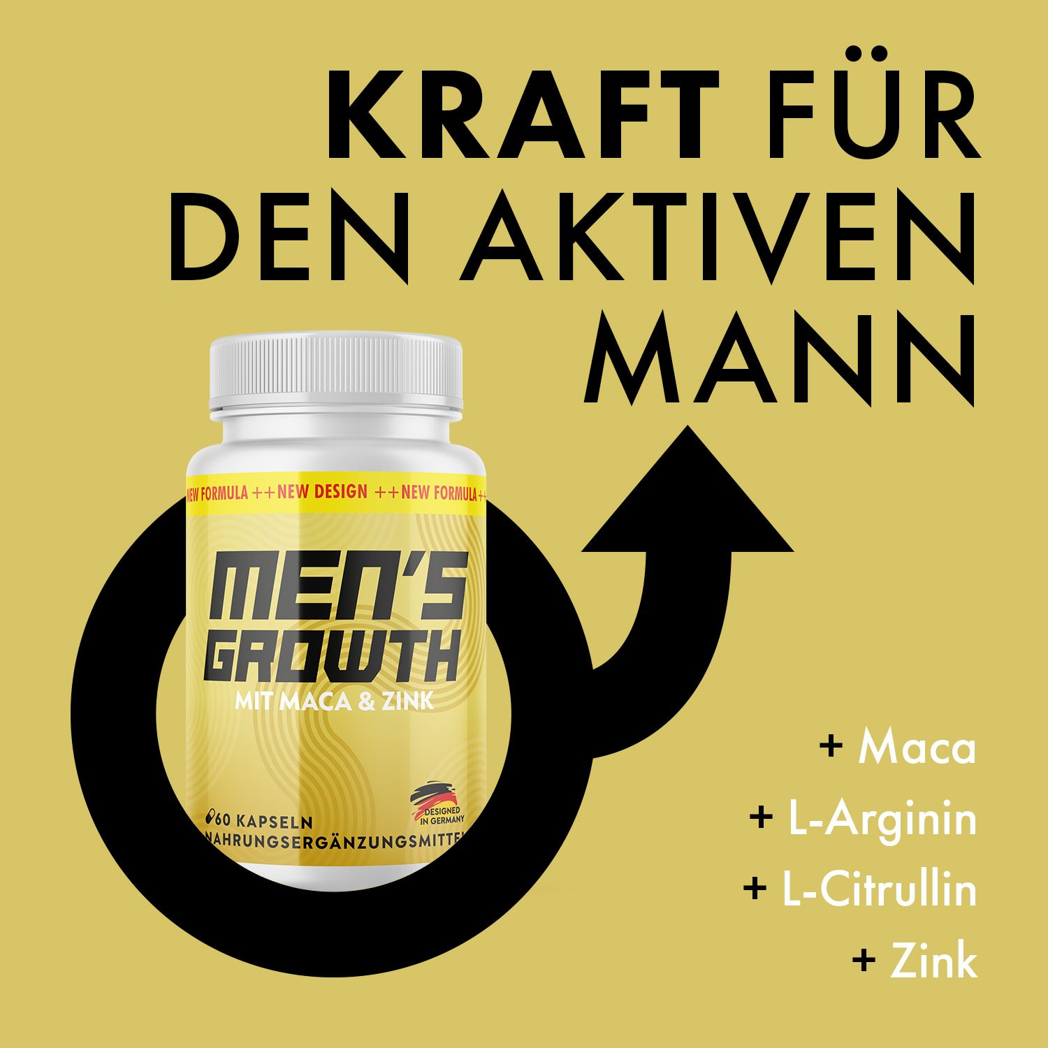 Gelbe Flasche mit weißem Deckel. Aufschrift: MEN'S GROWTH, MIT MACA & ZINK. Pfeil und Männlichkeitszeichen.