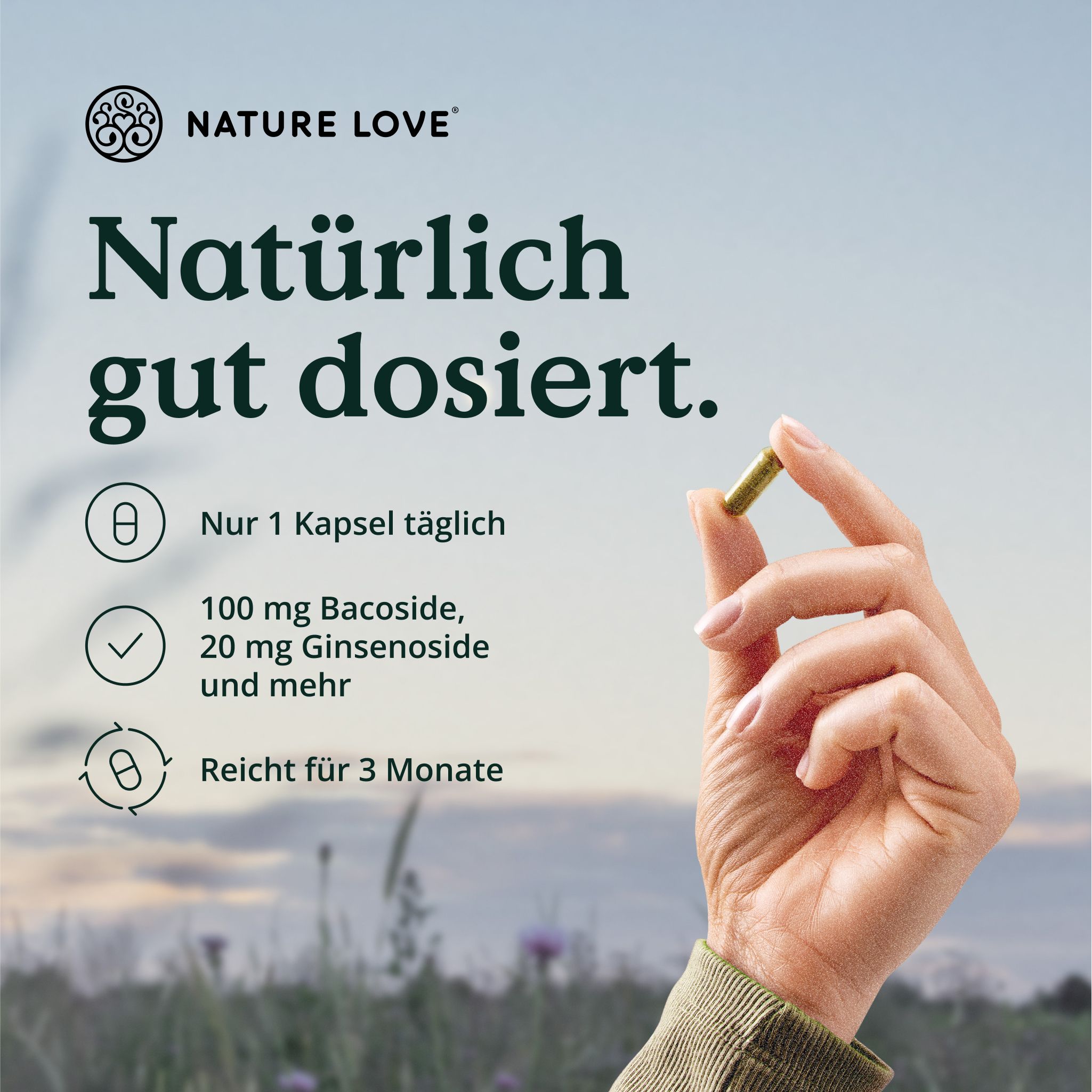 NATURE LOVE® Fokus – 90 Kapseln – mit Ginseng, Ginkgo Biloba, Brahmi & Cholin