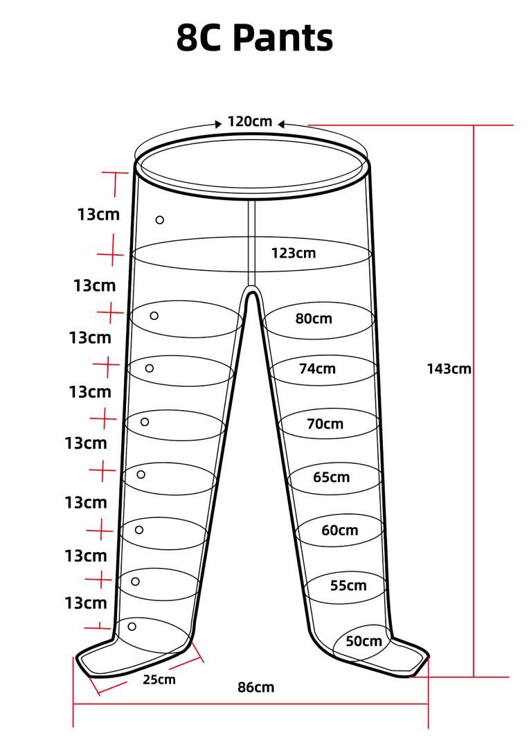Schema mit Maßen für 8C Pants: Gesamtlänge 143cm, Bundweite 120cm, Beinlänge 86cm, Fußbreite 25cm. Umfangsmaße von 123cm bis 50cm.