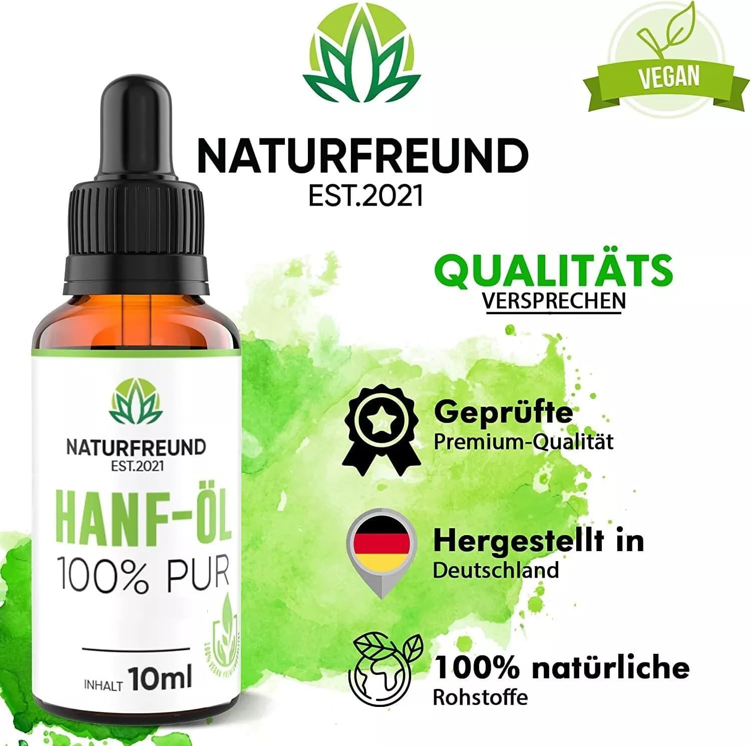 Braune Glasflasche mit Pipette. Etikett mit Logo, Schriftzug HANF-ÖL 100% PUR, Cannabis Sativa und 10ml. Text: QUALITÄTSVERSPRECHEN. Hergestellt in Deutschland.