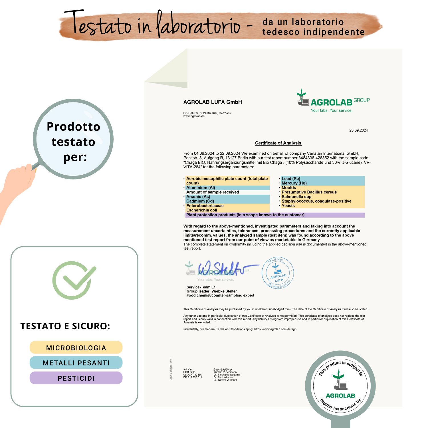 Certificato di Agrolab. Testo e loghi. Testato e sicuro. Microbiologia, metalli pesanti, pesticidi.