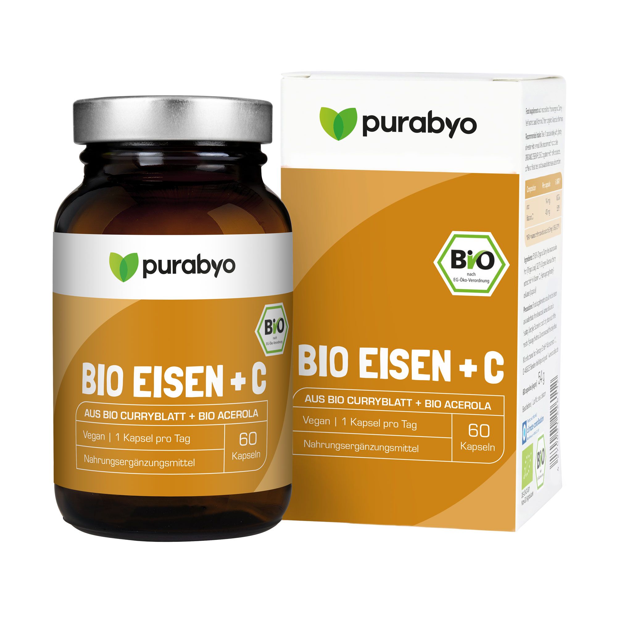 Braune Glasflasche und Karton mit Aufschrift 'BIO EISEN + C'. Enthält 60 Kapseln. Bio-Siegel.