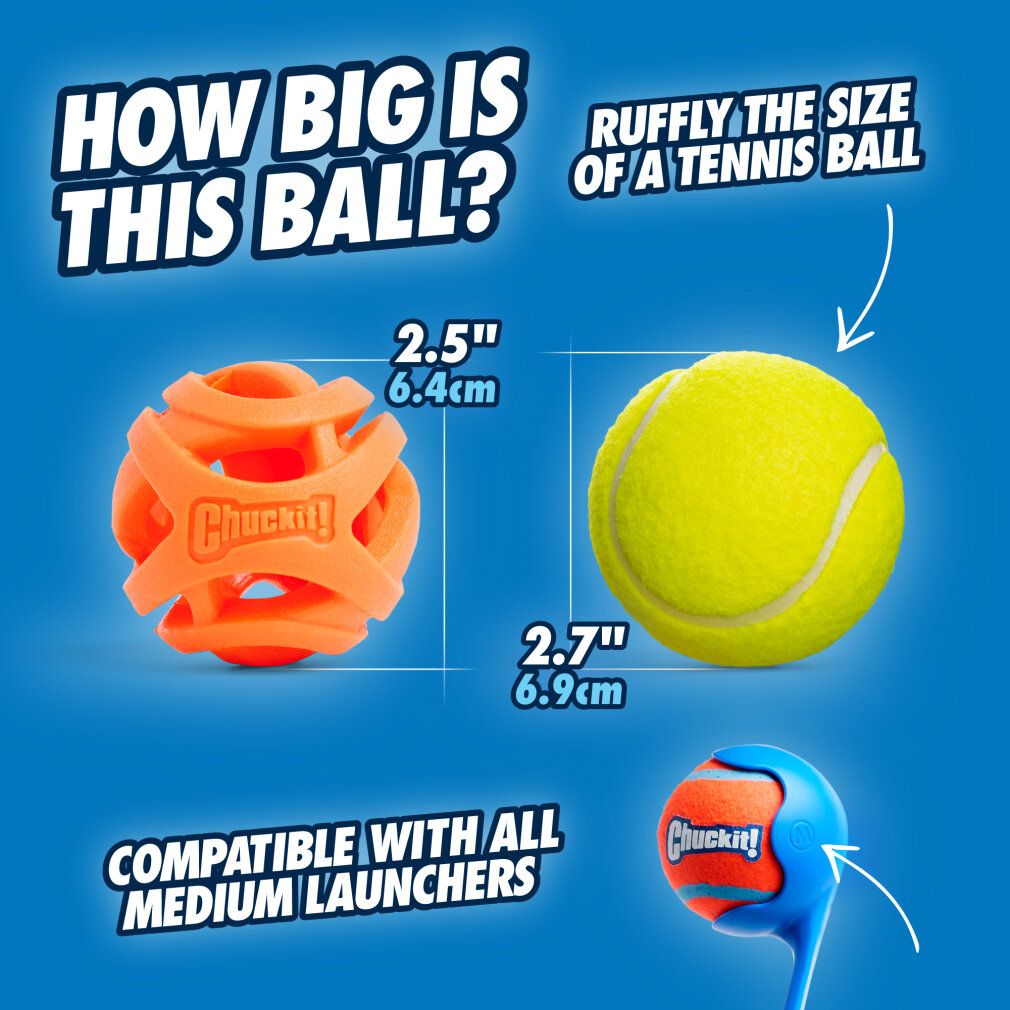 Orangefarbener Ball neben einem Tennisball. Aufschrift: Chuckit! Größe: 2,5"/6,4cm. Kompatibel mit allen mittleren Launchern.