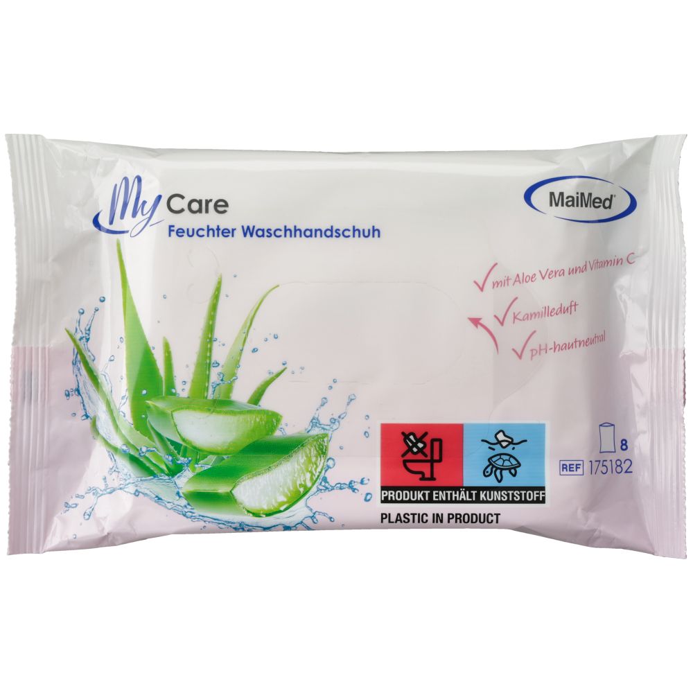 Weiße Verpackung mit Aloe Vera-Motiv und Produktnamen. Enthält 8 Stück. Logos von MyCare und MaiMed. Piktogramme und Text.