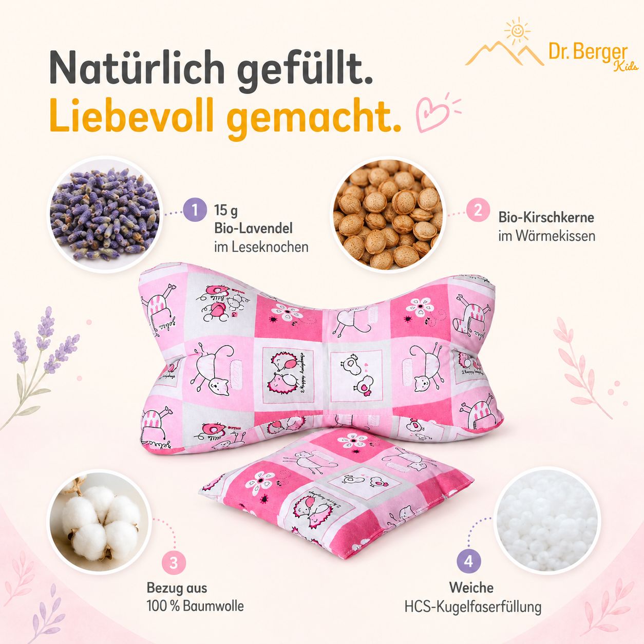 Kissenfüllungen: Bio-Lavendel im Leseknochen, Bio-Kirschkerne im Wärmekissen. Bezug aus Baumwolle.
