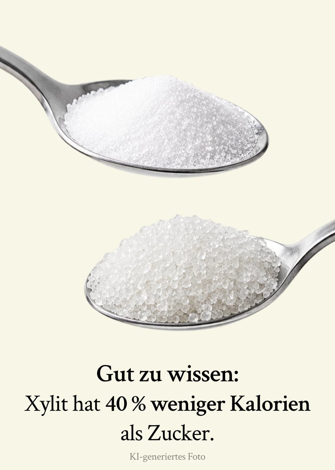 Zwei Löffel mit weißem Granulat. "Gut zu wissen: Xylit hat 40% weniger Kalorien als Zucker."