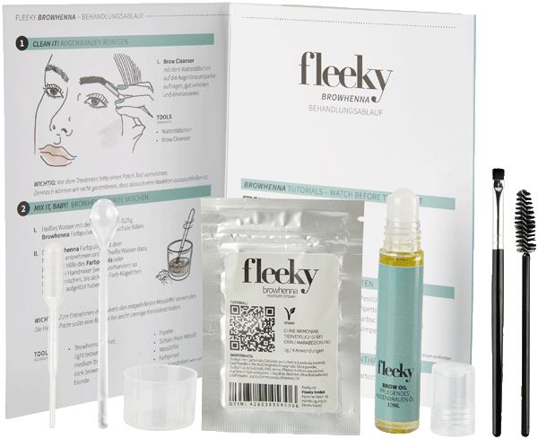 Fleeky Browhenna Kit mit Anleitungen und Zubehör: Pinsel, Bürste, Spatel, Behälter, Ölflasche, Henna-Beutel.