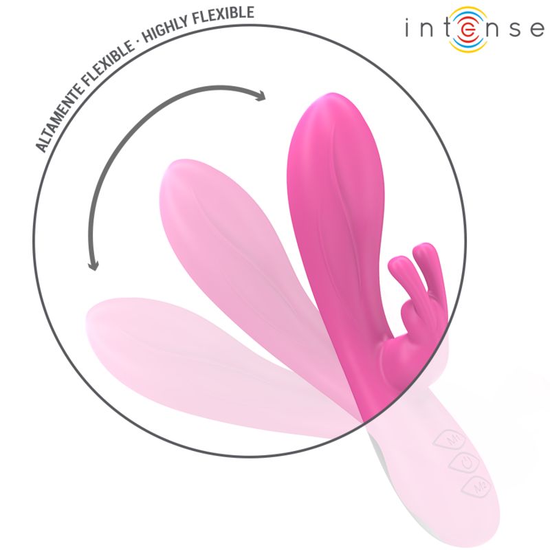 Rosa Vibrator mit Hasenohren, flexibel. Pfeil zeigt Flexibilität.