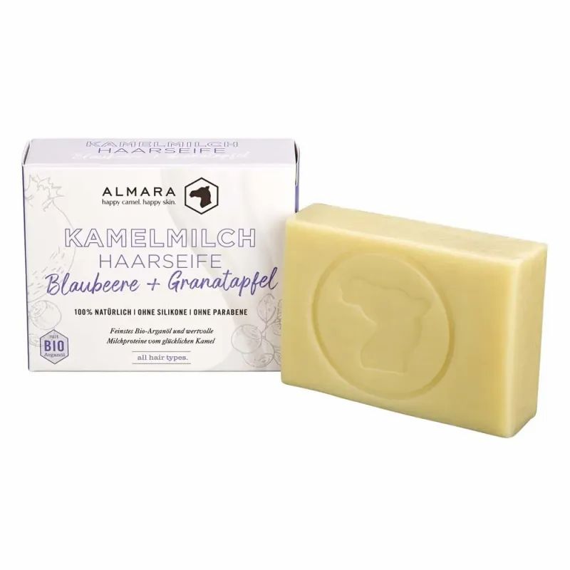 Haarseife mit Kamelmilch, Blaubeere und Granatapfel. Verpackung und Seife. Auf der Seife ist ein Kamel abgebildet.