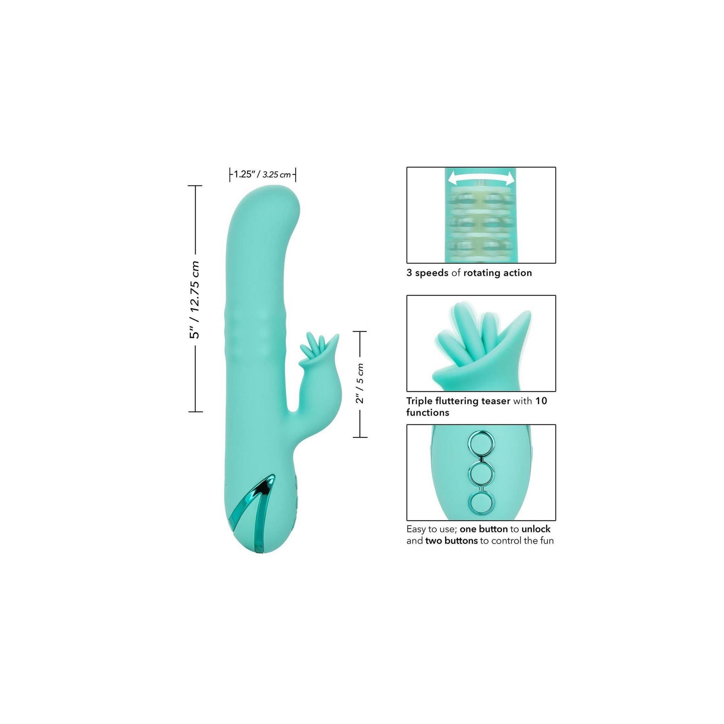 Türkisfarbener Vibrator mit Maßangaben. Abbildungen: 3 Geschwindigkeiten, 10 Funktionen, Bedienung.