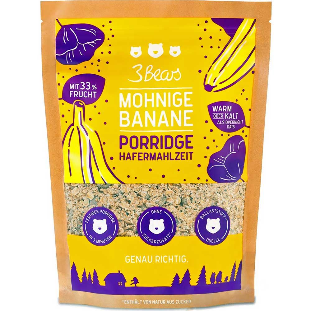 Verpackung von 3Bears Porridge Mohnige Banane. Gelber Hintergrund mit Bananen-Illustrationen. Text: Porridge, Hafermahlzeit, ohne Zuckerzusatz.