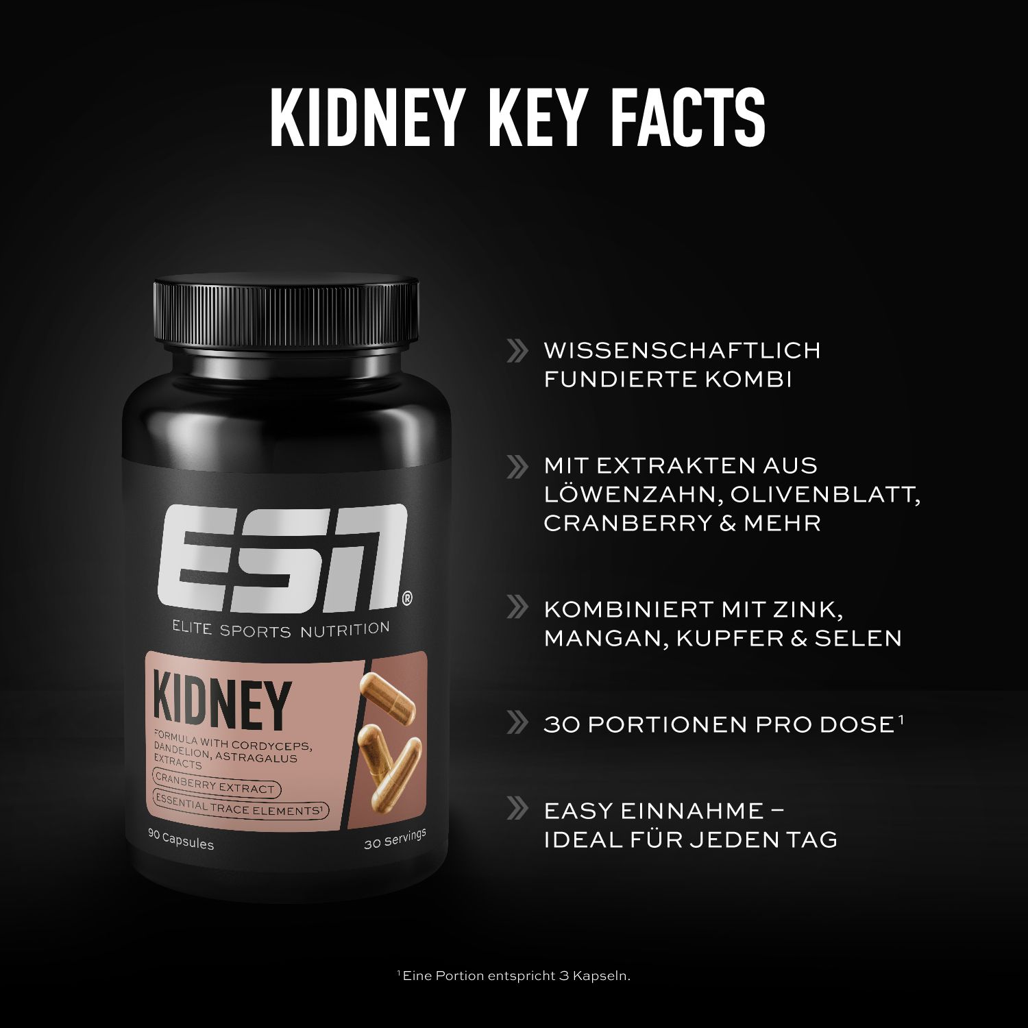 ESN Kidney Flasche mit Kapseln. Text: Kidney Key Facts. 30 Portionen pro Dosis. Einfache Einnahme. Ideal für jeden Tag.