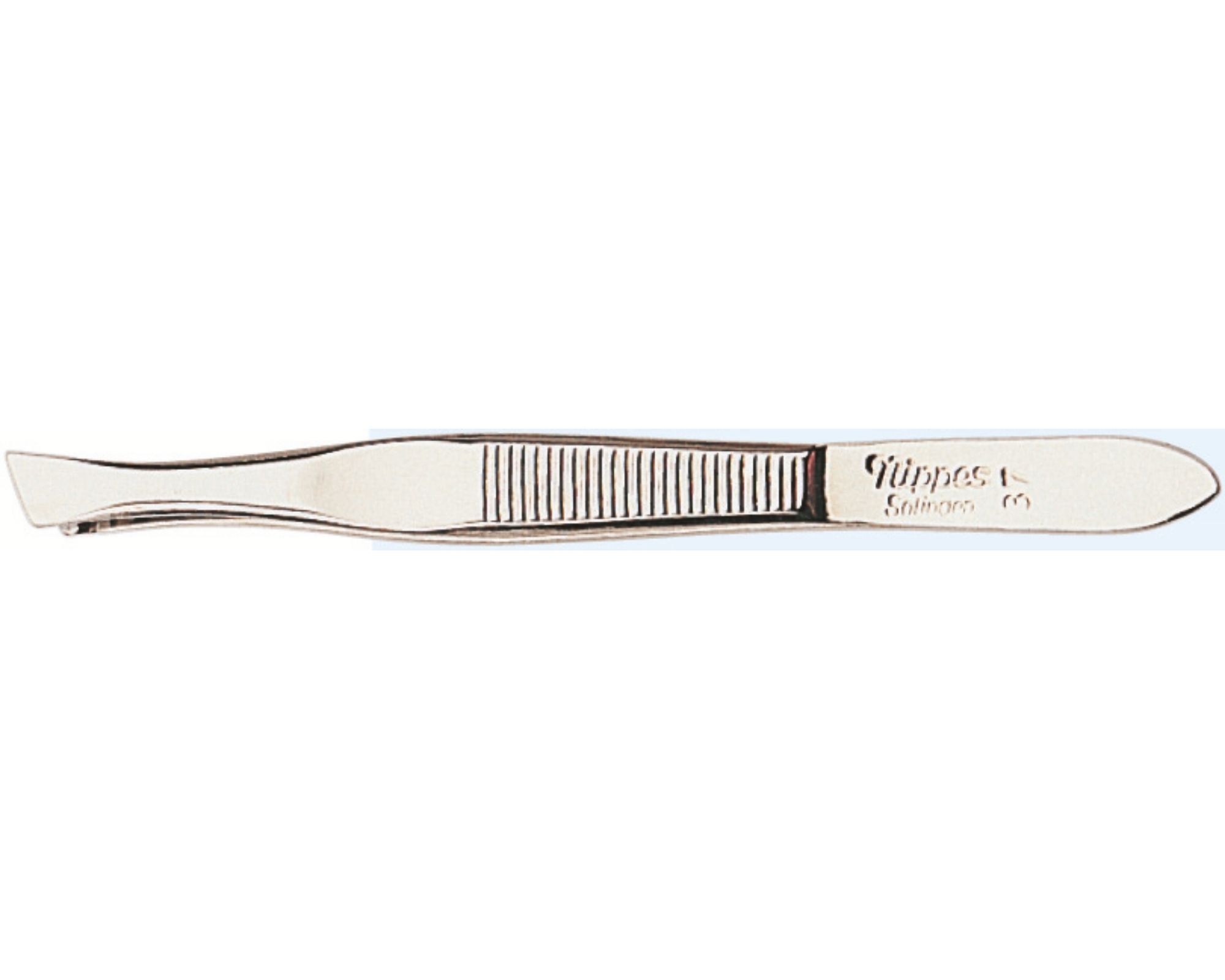 Schräge Pinzette aus Metall. Geriffelte Greiffläche. Aufschrift: Nippes Solingen.