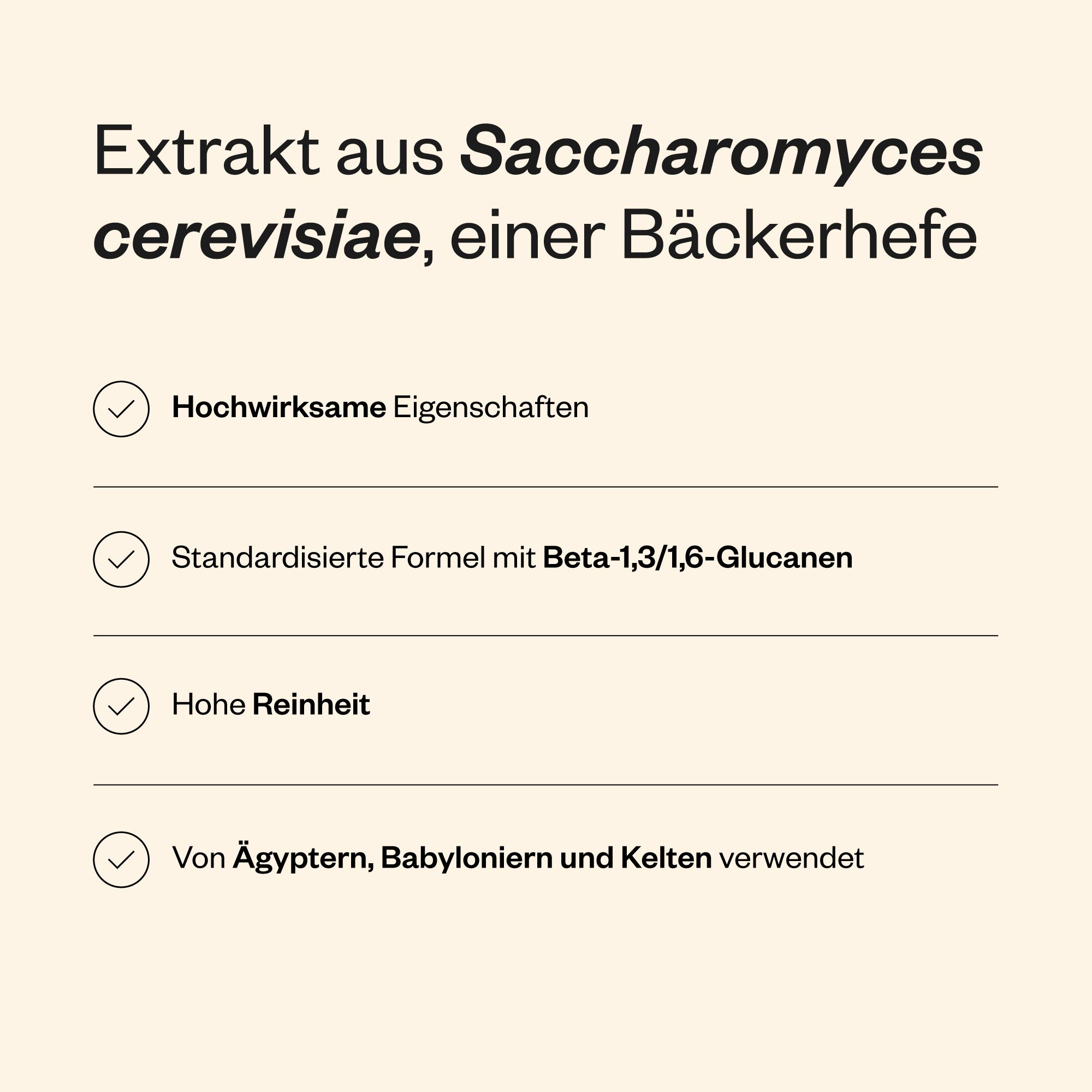 Text über Extrakt aus Saccharomyces cerevisiae. Eigenschaften: hochwirksam, standardisiert, hohe Reinheit, verwendet von Ägyptern, Babyloniern und Kelten.