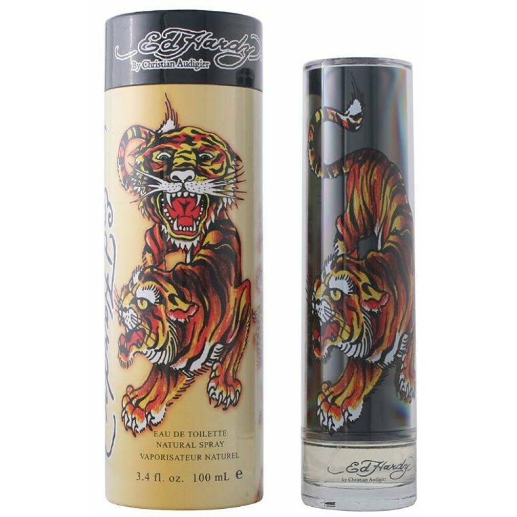Eau de Toilette Spray mit Tiger-Design. Zylinderförmige Verpackung und Flakon. Marke Ed Hardy.