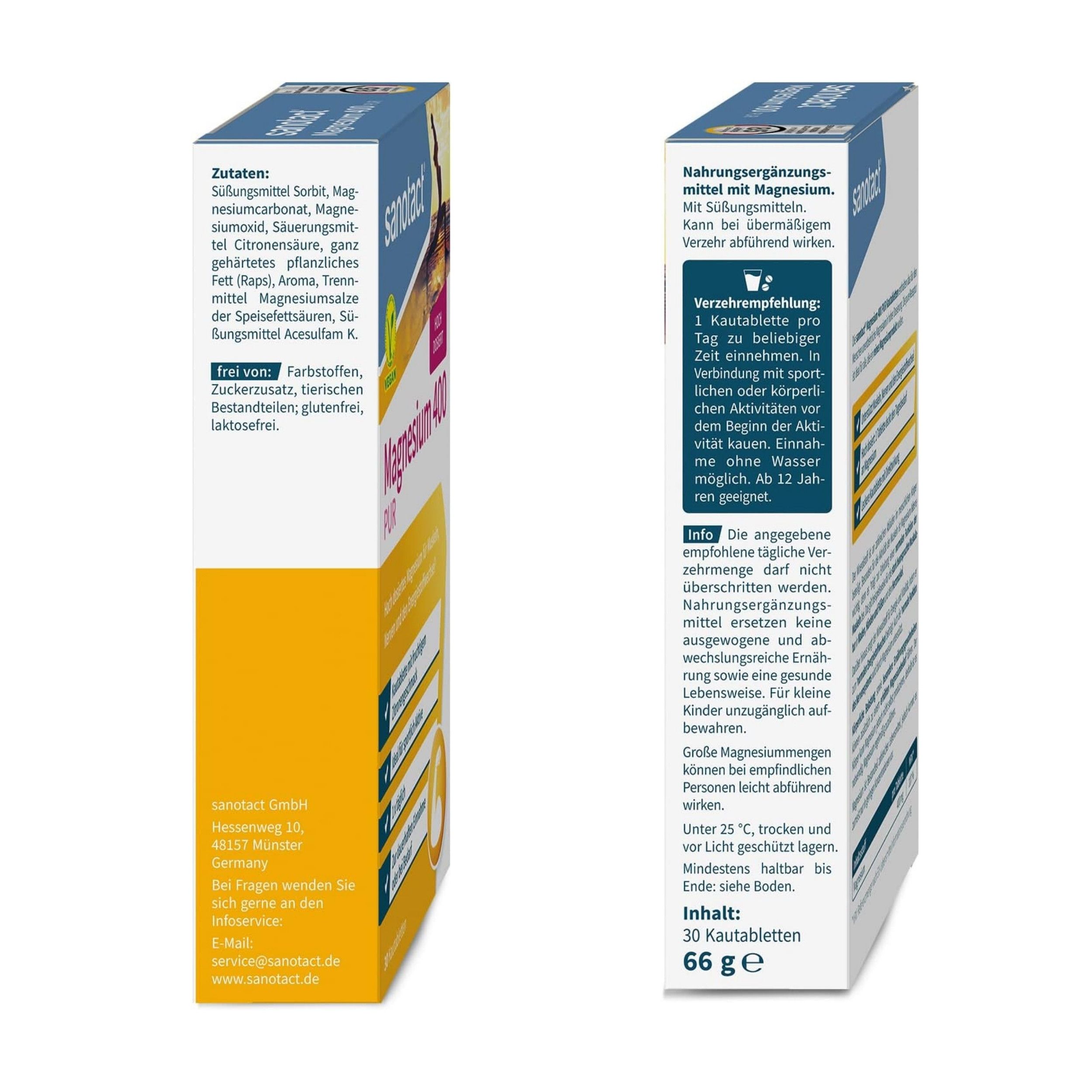 Zwei Ansichten der Verpackung von sanotact Magnesium 400. Enthält 30 Kautabletten. Text: 66 g. Zutaten und Nährwertangaben sind sichtbar.