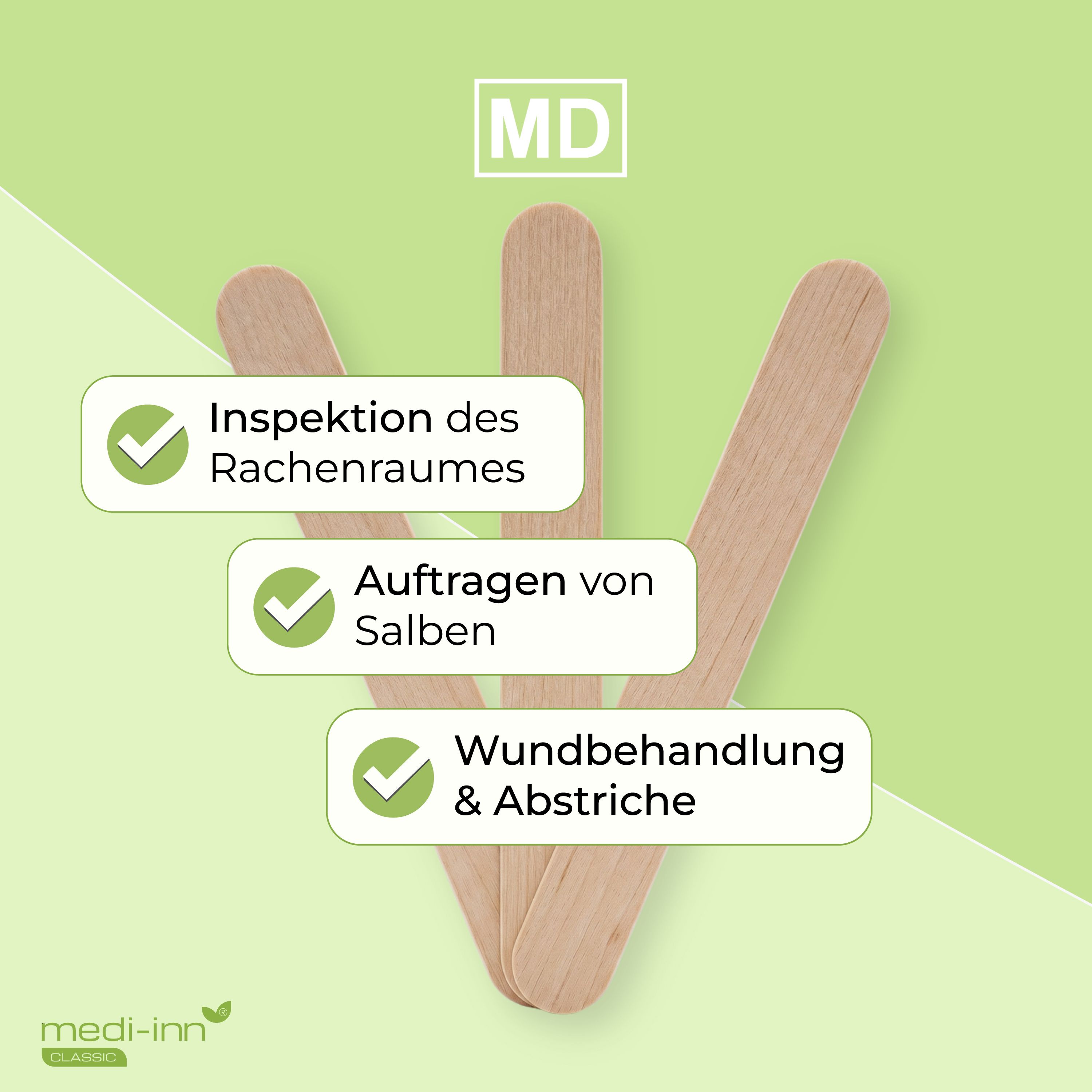 Drei Holzmundspatel mit Häkchen für Inspektion, Salbenauftrag und Wundbehandlung.