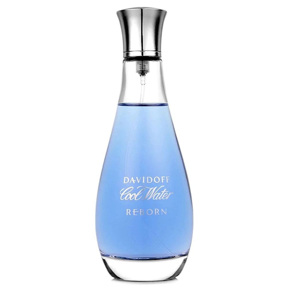 Hellblaue Flasche mit silbernem Verschluss. Aufschrift: Davidoff Cool Water Reborn.