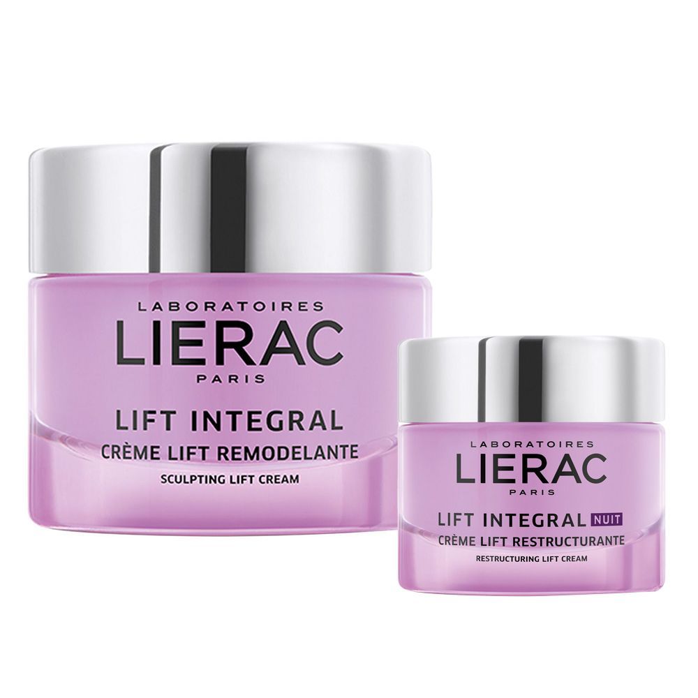 Zwei Tiegel LIERAC LIFT INTEGRAL Creme. Ein großer Tiegel und ein kleinerer Tiegel mit silbernen Deckeln und lilafarbenen Gläsern.