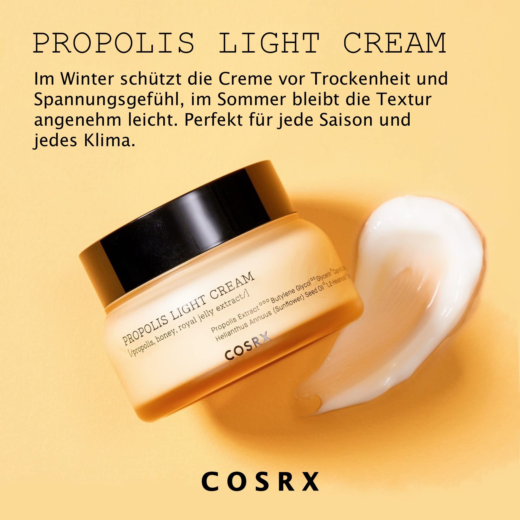 Creme-Tiegel mit Creme auf gelbem Hintergrund. Aufschrift: Propolis Light Cream. Marke: Cosrx. Text: Schützt vor Trockenheit im Winter.