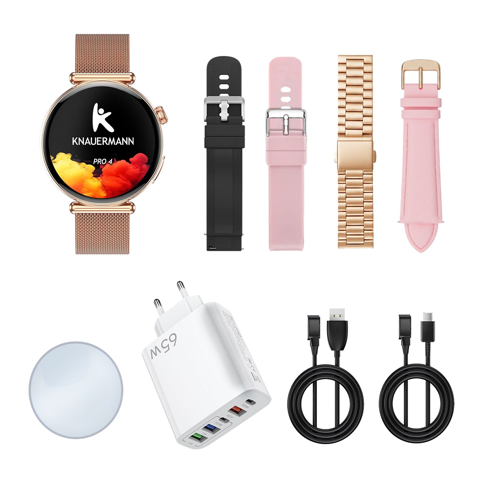 Smartwatch mit Zubehör: Armbänder in Schwarz, Rosa und Gold. Ladegerät, Ladekabel und kabelloses Ladepad.