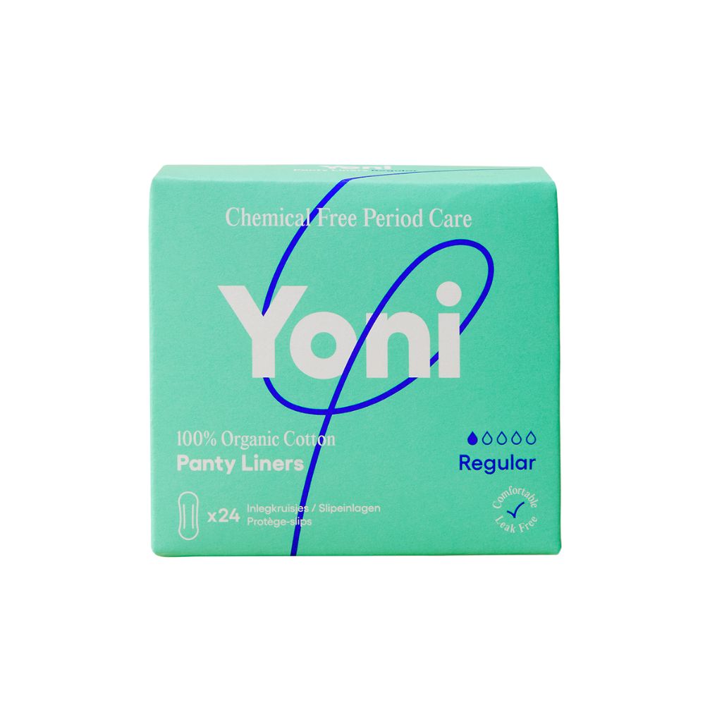 Grüne Schachtel mit Yoni Slipeinlagen. Aufschrift: 100% Bio-Baumwolle. Regular. 24 Stück.