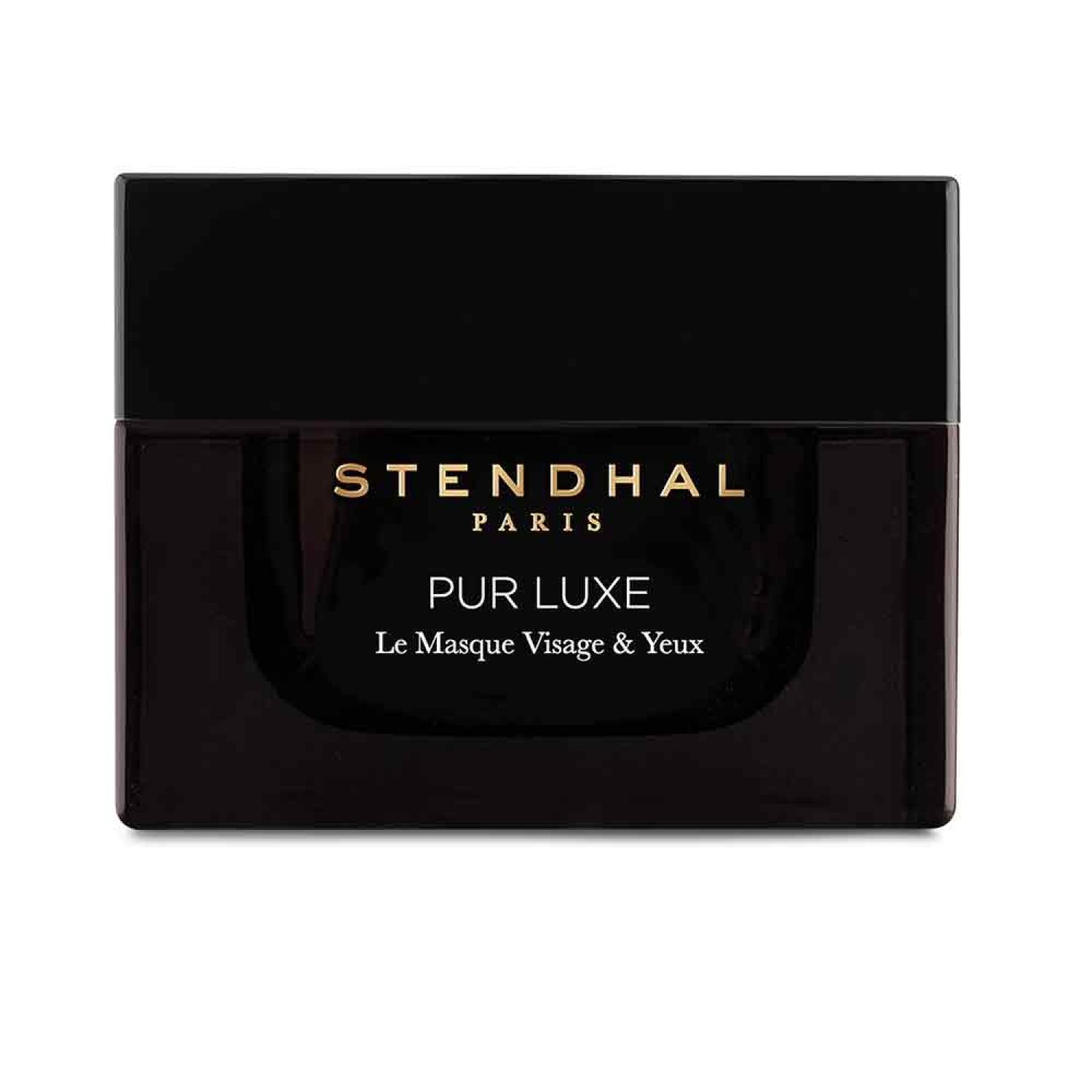 Schwarzer Tiegel mit goldfarbenem Schriftzug STENDHAL PARIS, PUR LUXE Le Masque Visage & Yeux.