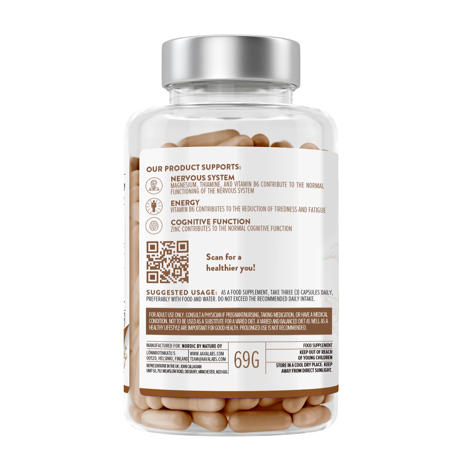 Retro di un flacone di capsule marroni. Scritta: Aavalabs. Informazioni sugli ingredienti e l'uso. 69g.