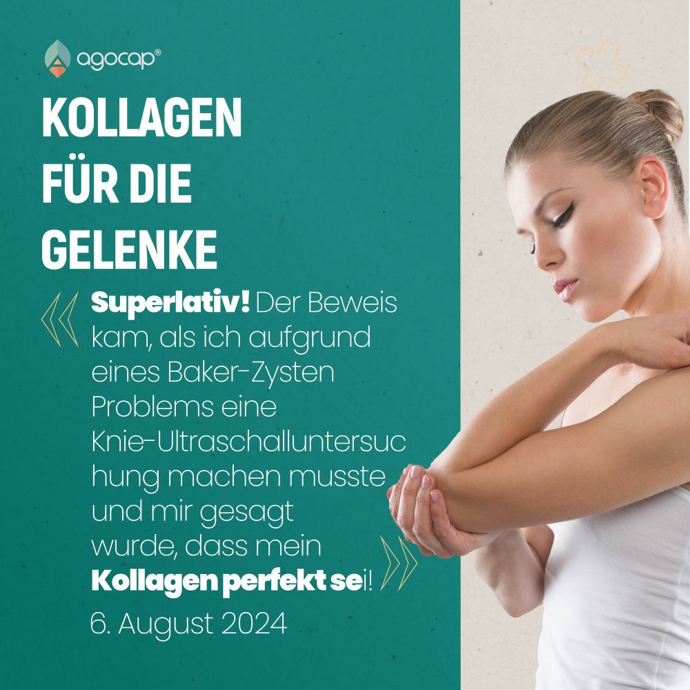 Frau berührt Arm. Text: Kollagen für die Gelenke. Superlativ! 6. August 2024.