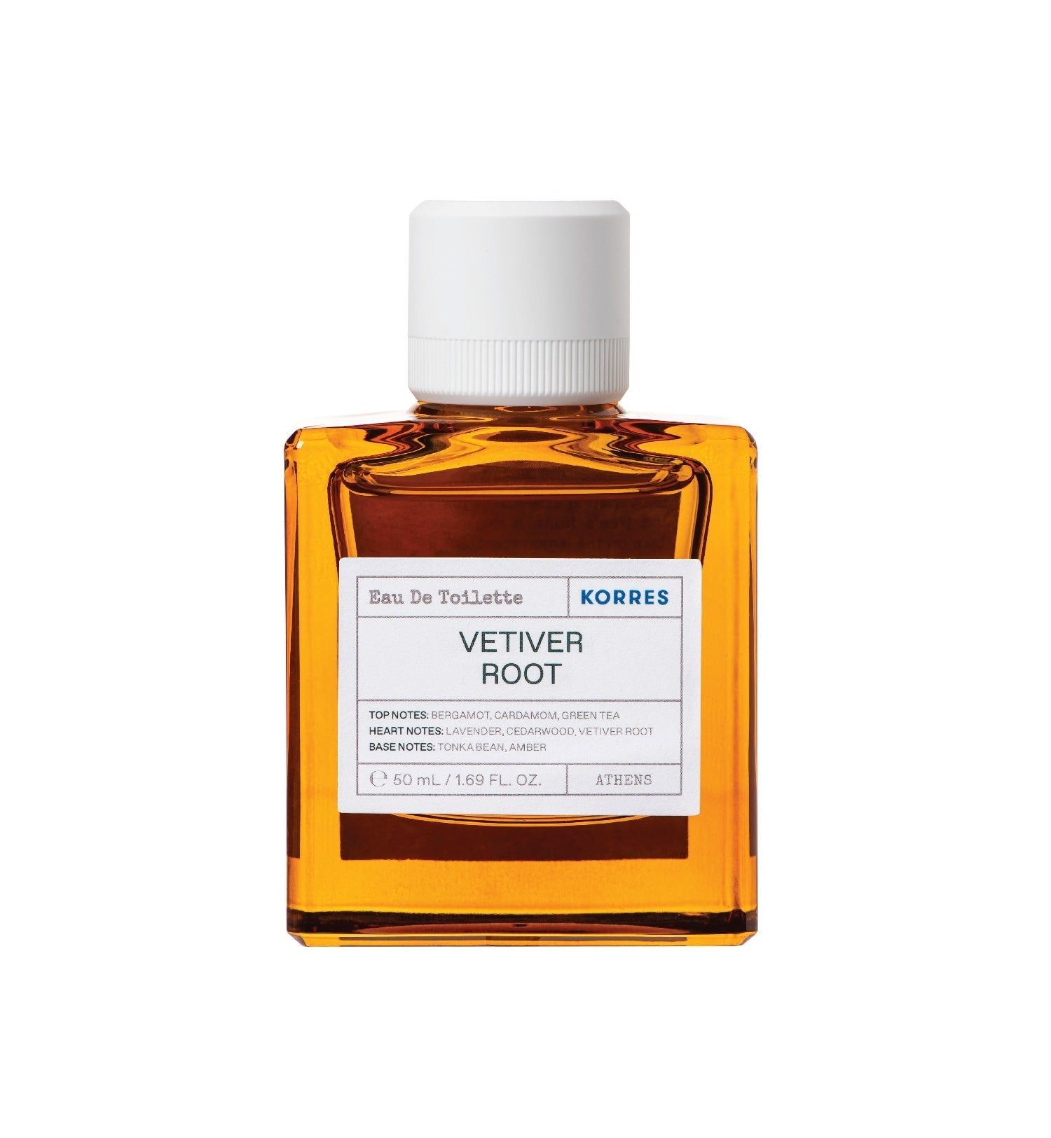 KORRES Eau de Toilette Vetiver Root. Eckige Glasflasche mit weißem Deckel. Produktinformationen auf weißem Etikett.