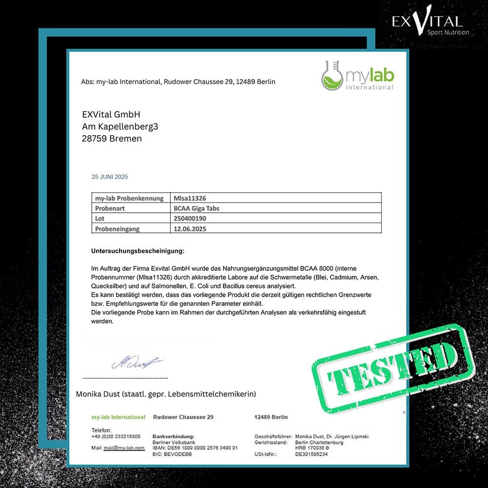 Laborbericht. "BCAA Giga Tabs". Getestet. Informationen zu Inhaltsstoffen und Analyseergebnissen.