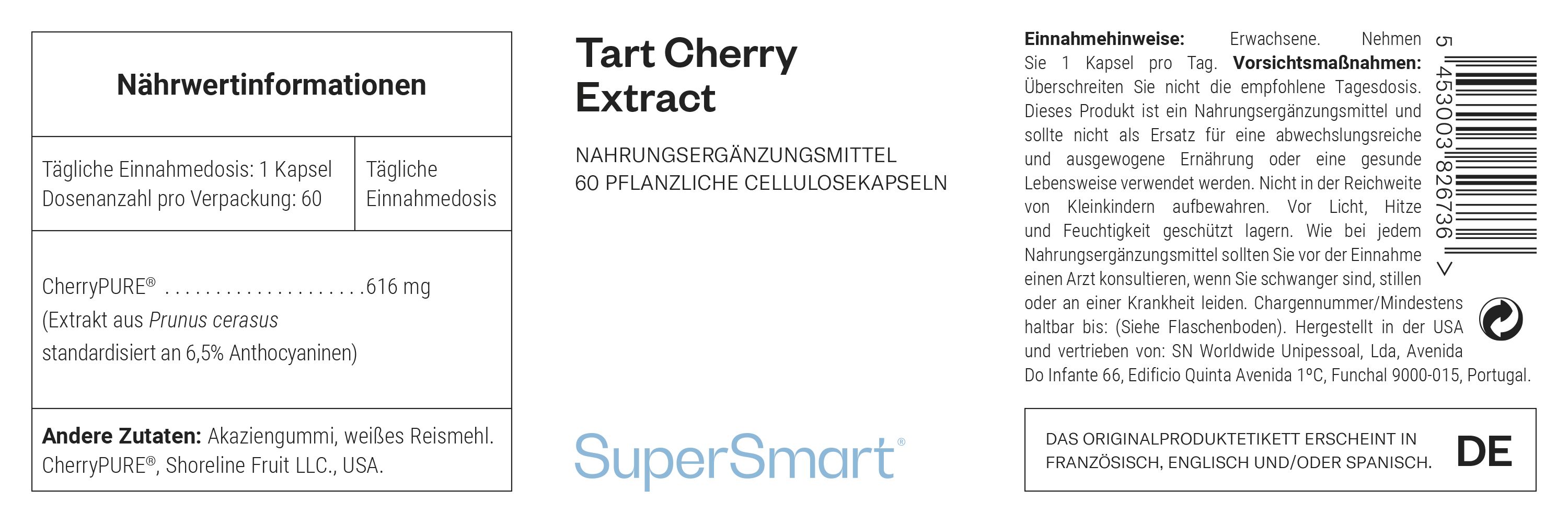 Nahrungsergänzungsmittel mit 60 Kapseln. Enthält Sauerkirsche-Extraxt. Marke SuperSmart. Aufschrift: Tart Cherry Extract.
