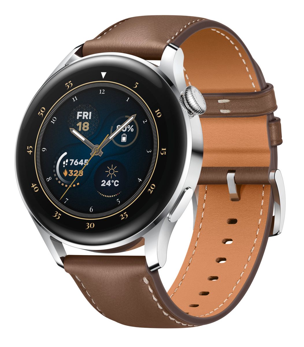 Smartwatch mit braunem Lederarmband und Edelstahlgehäuse. Zifferblatt mit Datums- und Gesundheitsanzeigen.