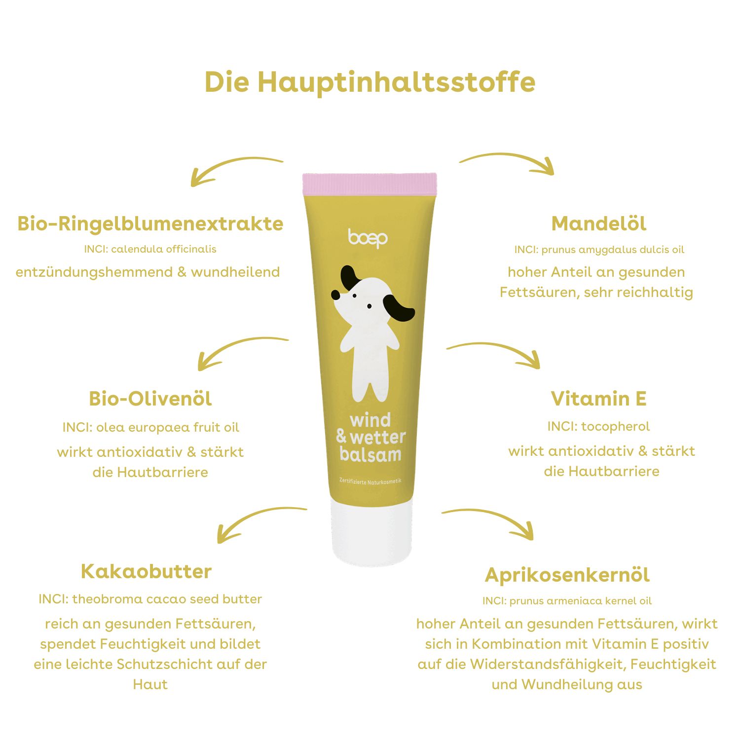 Gelbe Tube mit boep Wind & Wetter Balsam, umgeben von Kreisen mit Hauptinhaltsstoffen wie Ringelblumenextrakt, Mandelöl, Kakaobutter.