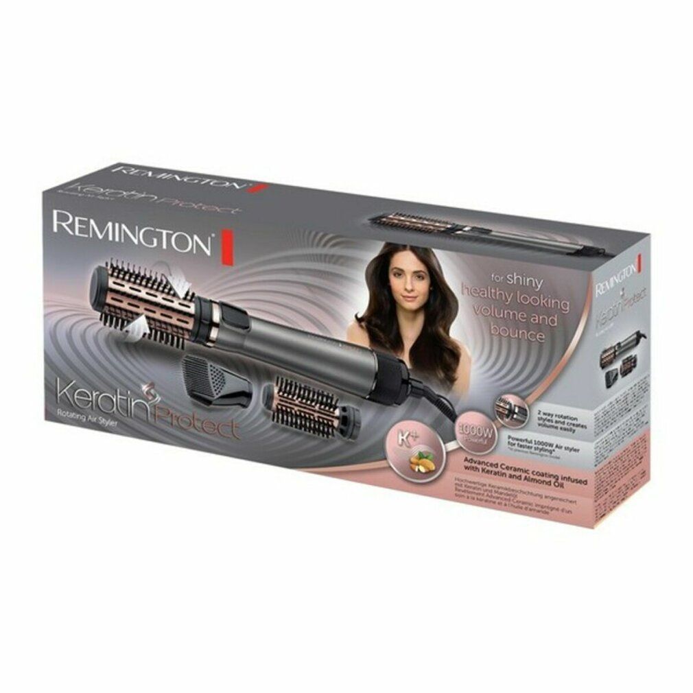 Verpackung mit Haartrockner und Zubehör. Marke Remington. Abbildung einer Frau mit glänzendem Haar.