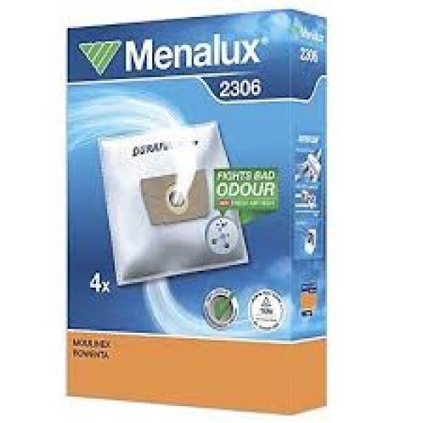 Verpackung für Staubsaugerbeutel Menalux 2306. Die Verpackung zeigt einen weißen Beutel mit braunem Karton. Auf der Verpackung sind der Markenname Menalux, die Produktnummer 2306 und die Anzahl der Beutel (4x) angegeben. Zusätzliche Informationen sind in Französisch.