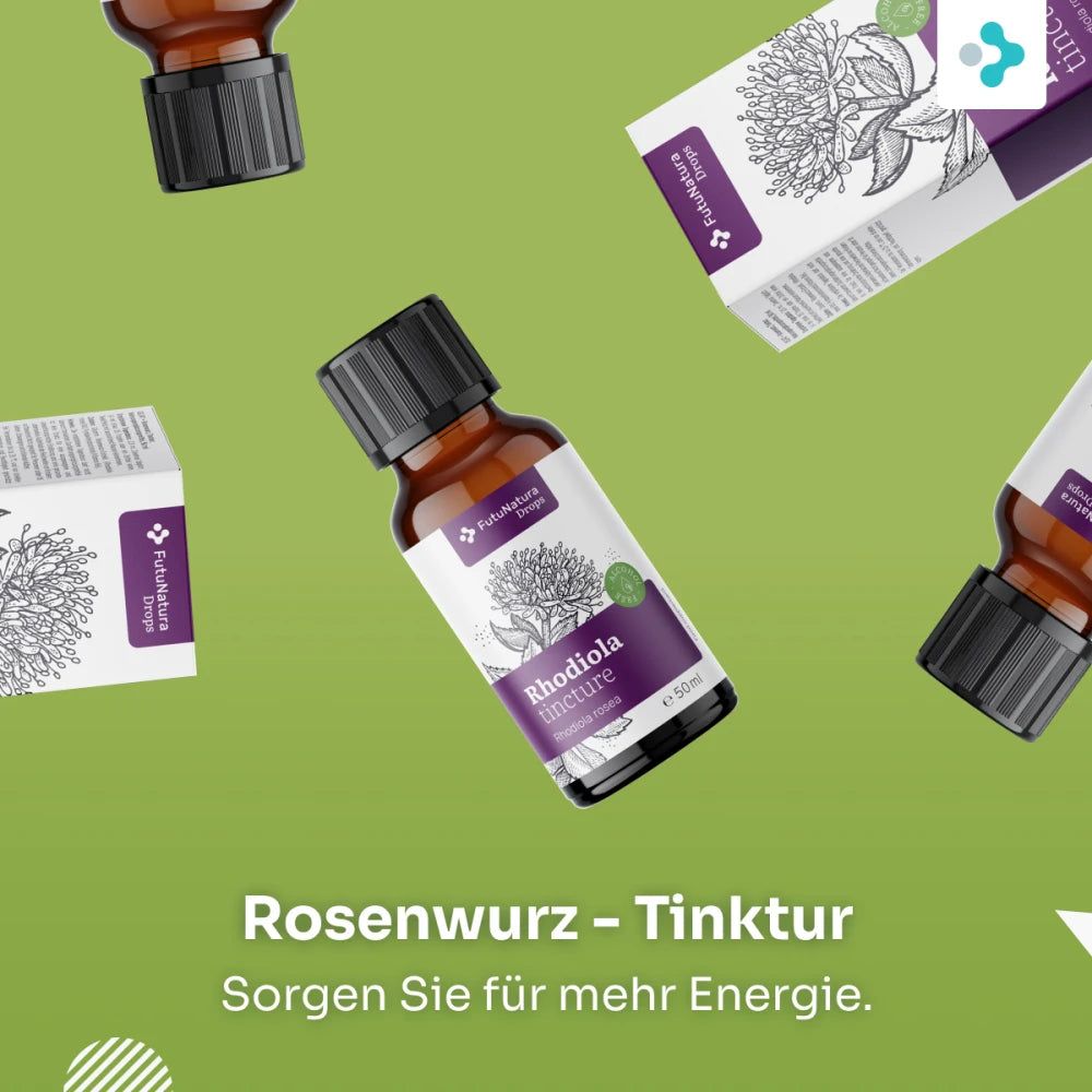 Braune Glasflasche mit schwarzem Schraubverschluss, Etikett mit Rhodiola-Tinktur und Kräuterdarstellung.