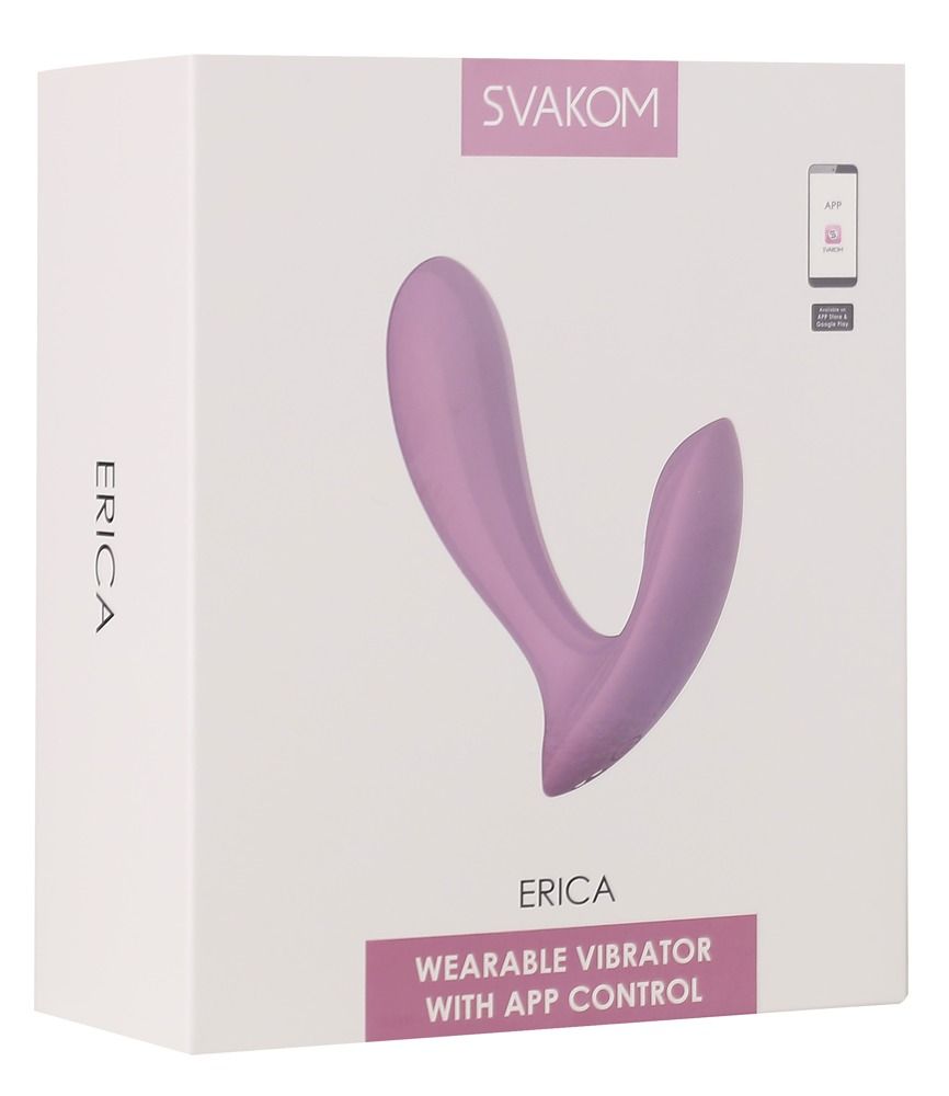 Verpackung von SVAKOM Erica. Rosa Produkt abgebildet. Text: Wearable Vibrator with App Control.