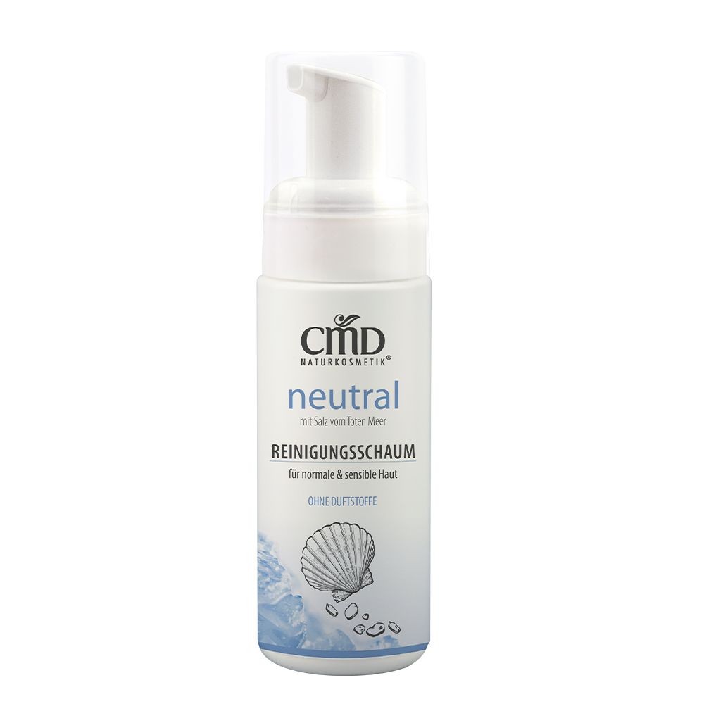 Weiße Flasche mit Pumpaufsatz. Aufschrift CMD Naturkosmetik, neutral, Reinigungsschaum. Für normale & sensible Haut. Ohne Duftstoffe.