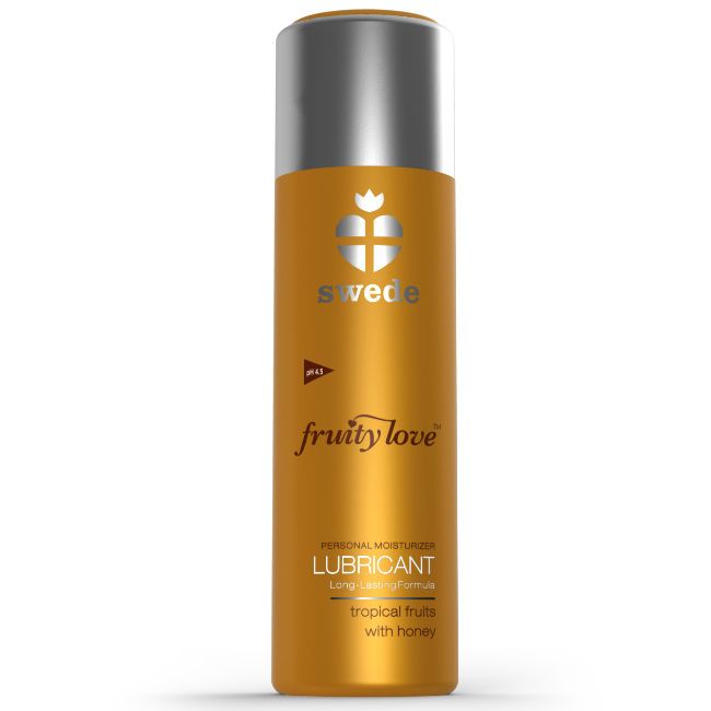 Goldfarbene Flasche mit silbernem Deckel. Aufschrift "swede", "fruity love", "Lubricant".