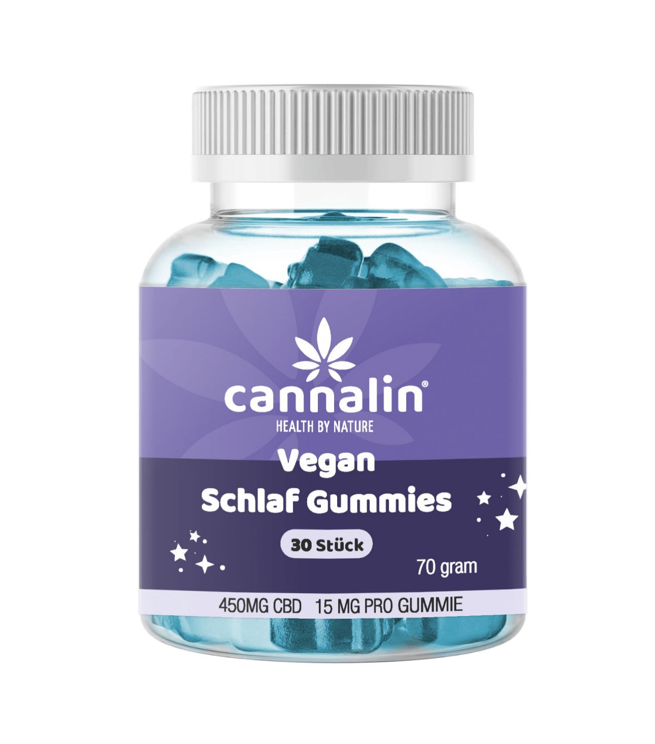 Runde, transparente Dose mit blauen Gummibärchen. Aufkleber mit Text: Cannalin, Vegan, Schlafgummis, 30 Stück, 70 gramm, 450mg CBD, 15mg pro Gummie.