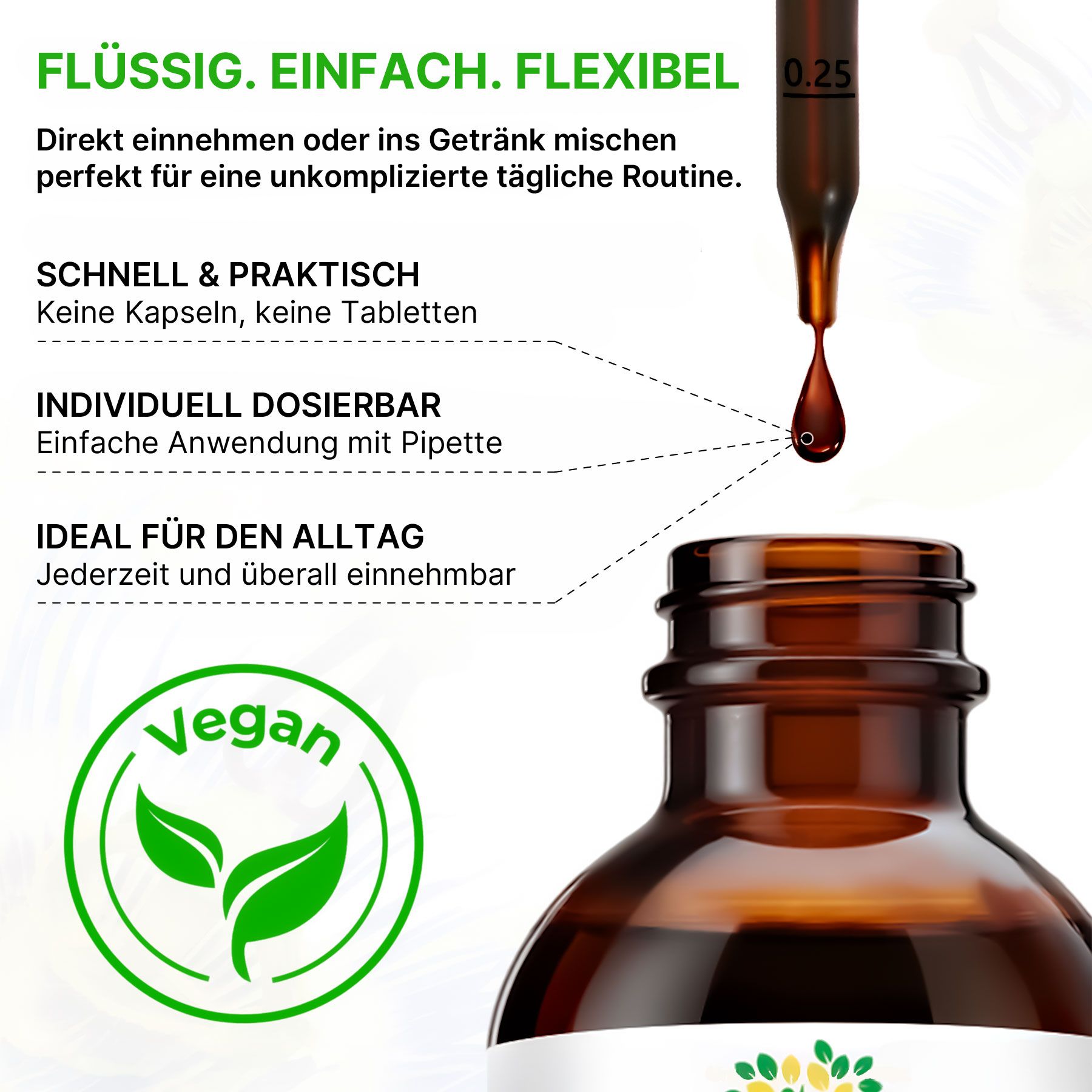 Braune Glasflasche mit Pipette, die einen Tropfen Flüssigkeit abgibt. Vegan-Siegel sichtbar.