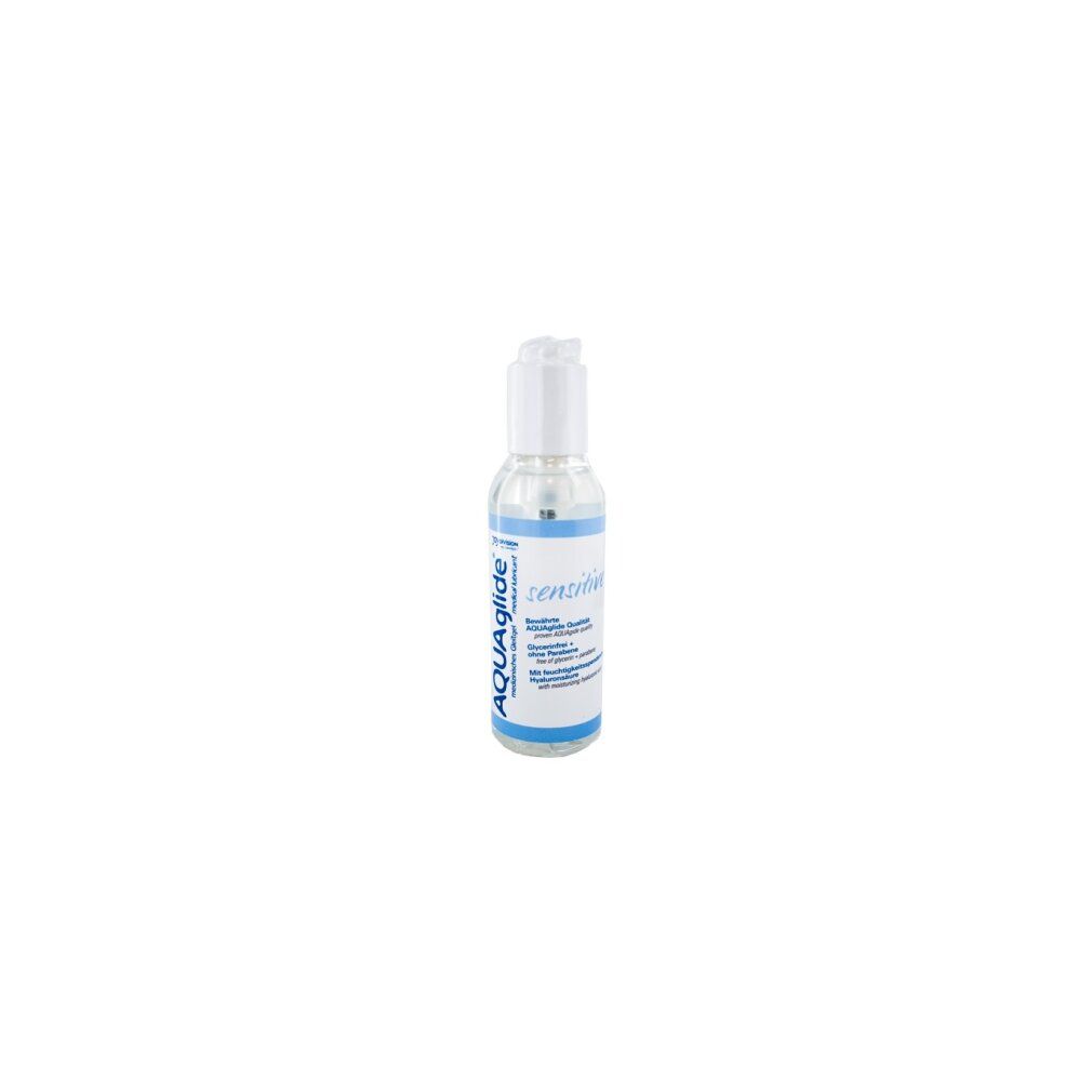 Kleine, transparente Flasche mit weißem Pumpkopf. Aufschrift AQUAglide Sensitive. Blaue Banderole.