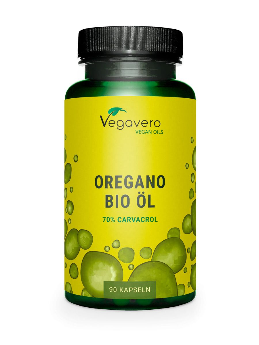 Grüne Kapsel-Flasche mit gelbem Etikett. Aufschrift: Oregano BIO Öl, 70% Carvacrol, 90 Kapseln. Marke: Vegavero.
