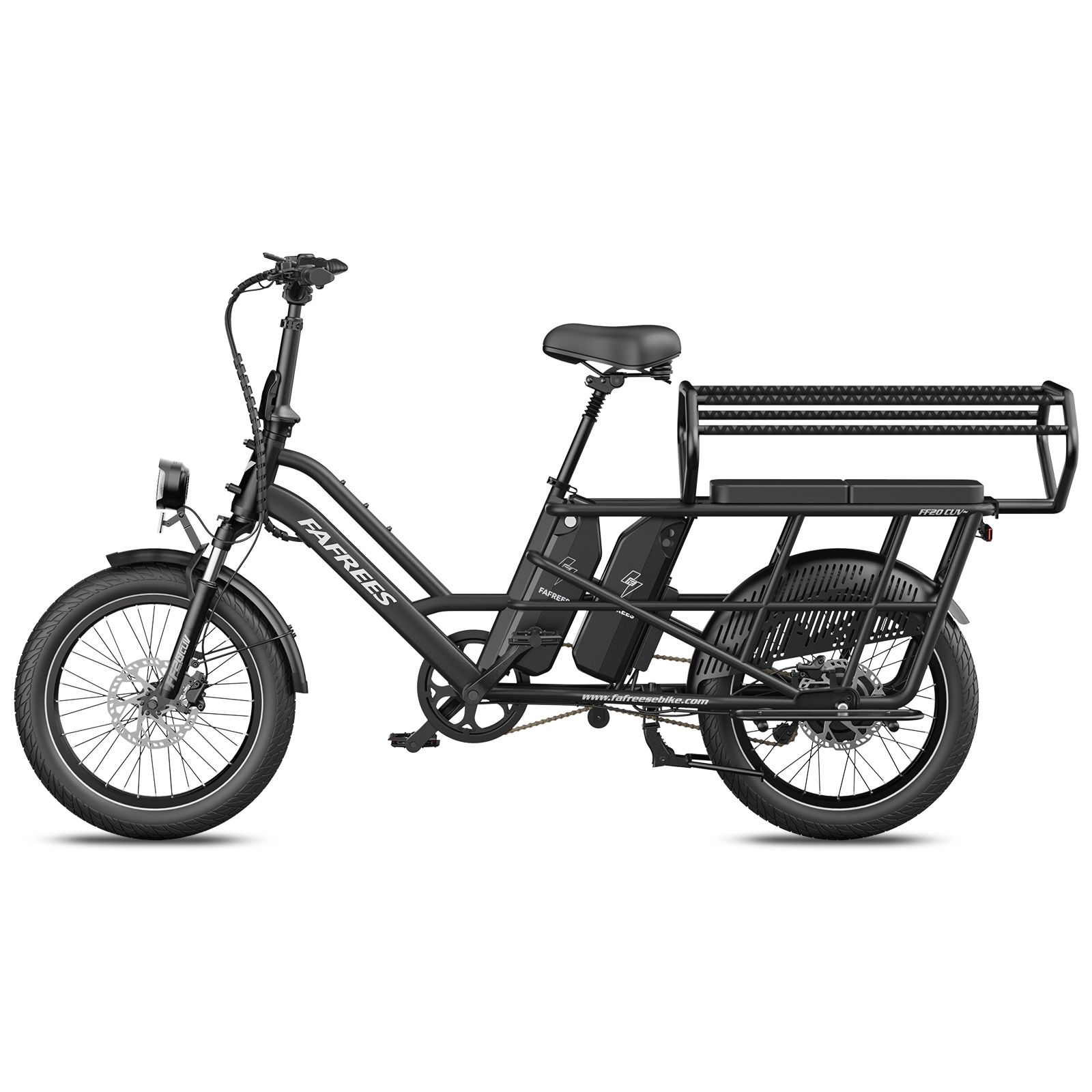 Schwarzes Fafrees FF20 CUV Elektrofahrrad mit zwei Akkus, großem Gepäckträger und Frontscheinwerfer.