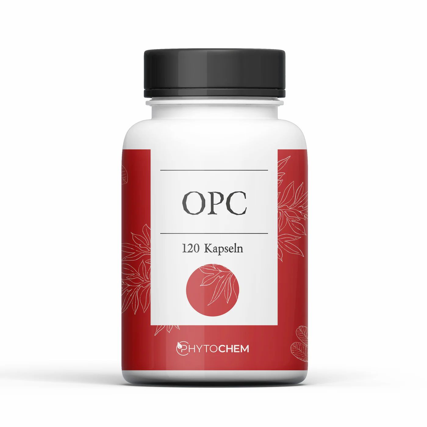 Weiße Flasche mit schwarzem Deckel. Rotes Etikett mit "OPC", "120 Kapseln" und Logo. Marke: Phytochem.