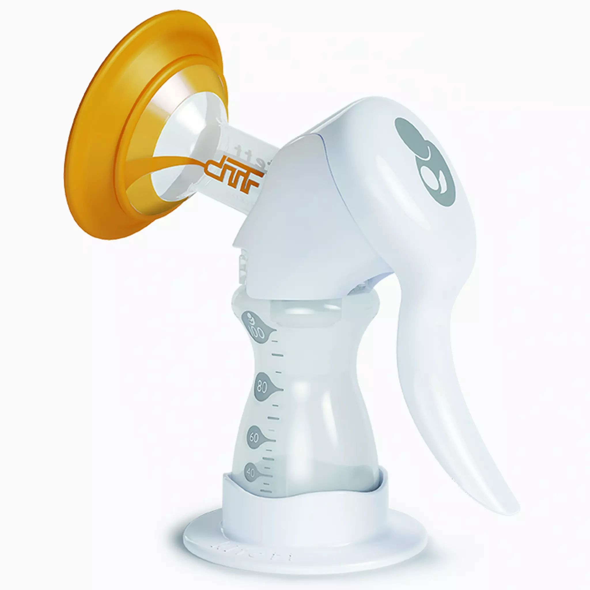 Milchpumpe, weiß mit gelben Elementen. Flasche mit Messskala. Ergonomischer Griff.