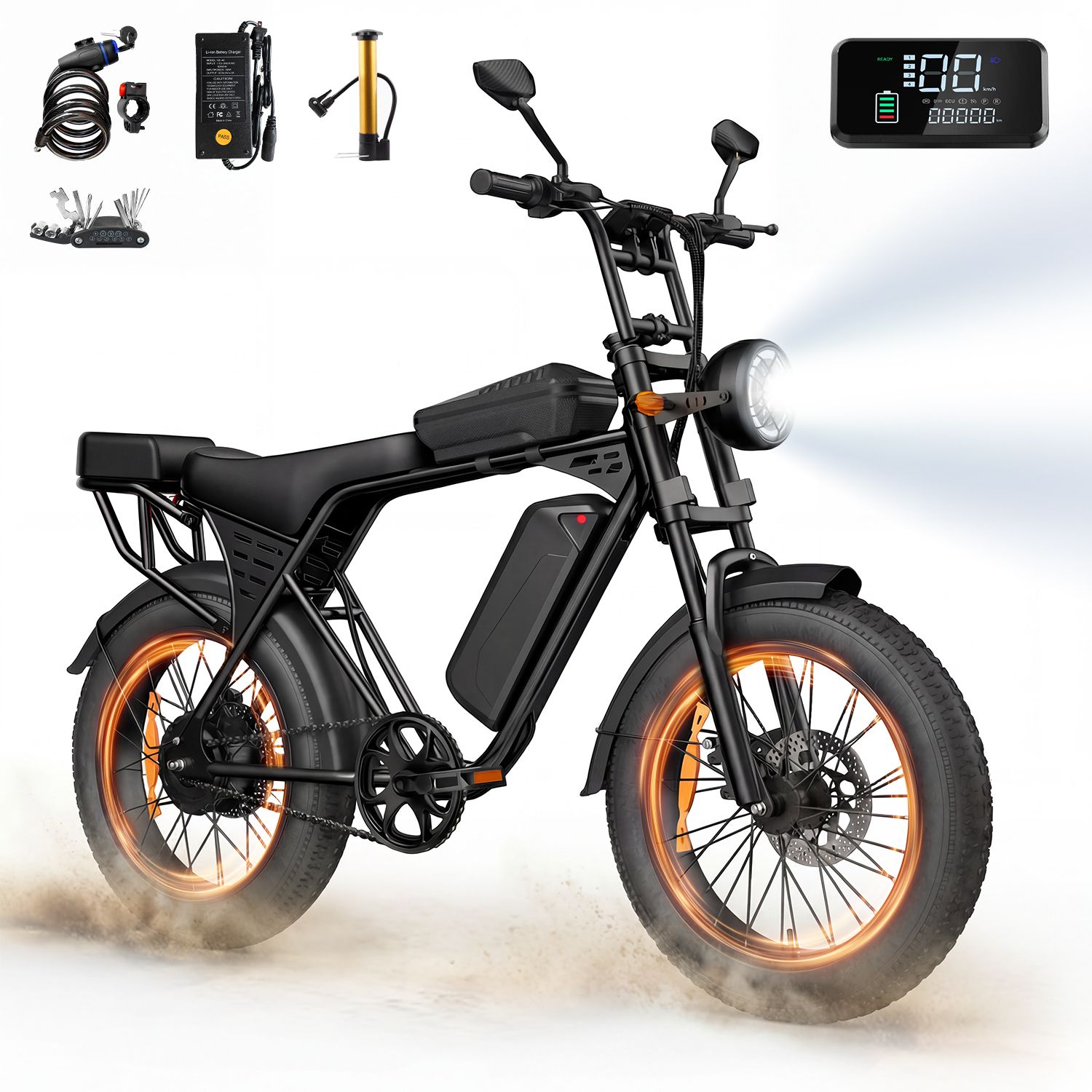 Schwarzes Elektrofahrrad mit orangefarbenen Felgen, Scheinwerfer, Gepäckträger und Zubehör. Digitalanzeige mit Akku-Informationen.
