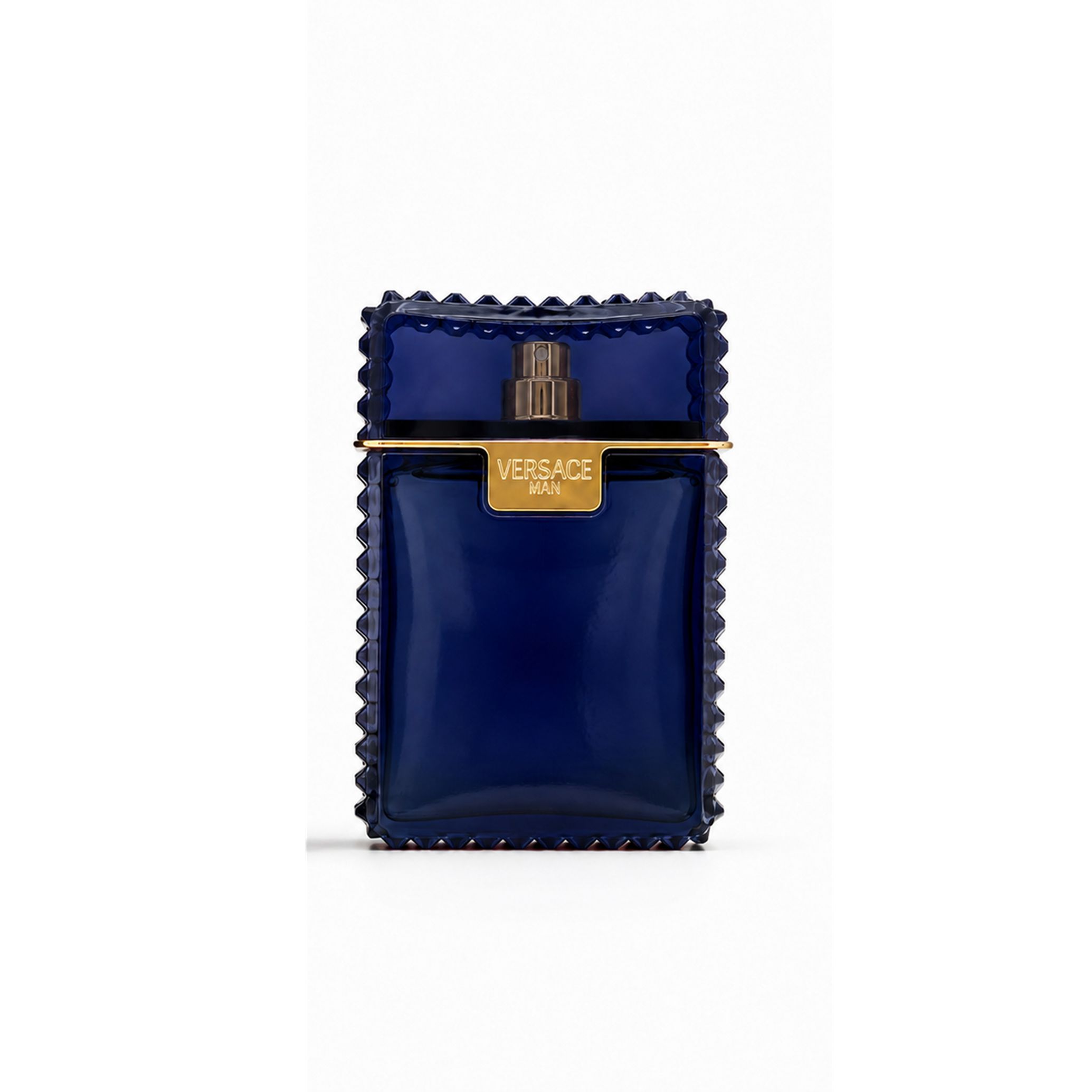 Versace Man After Shave Lotion Flakon in Dunkelblau mit goldenem Etikett und Sprühkopf.
