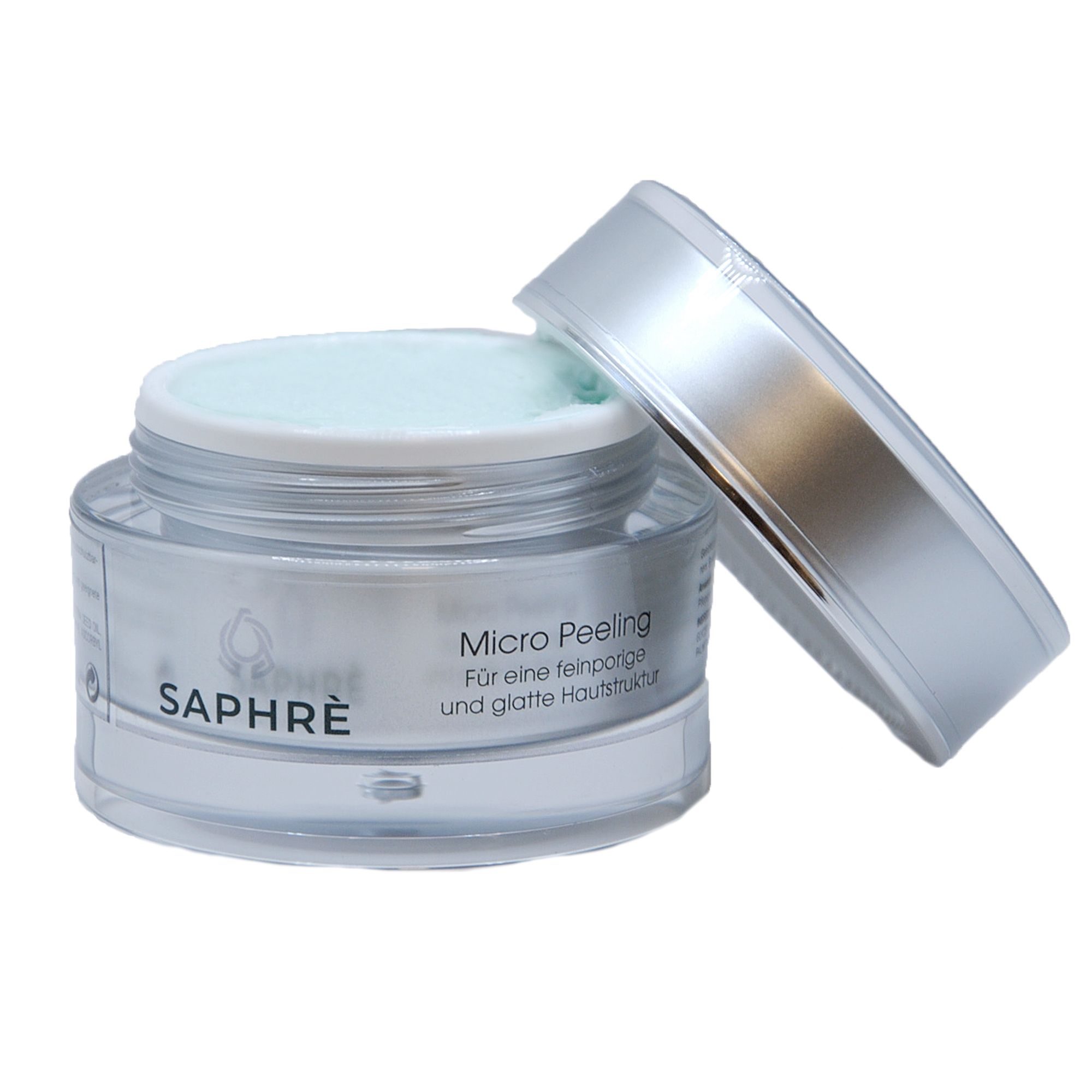 Geöffneter Behälter mit Deckel. Aufschrift Saphre und Micro Peeling. Produkt sichtbar.